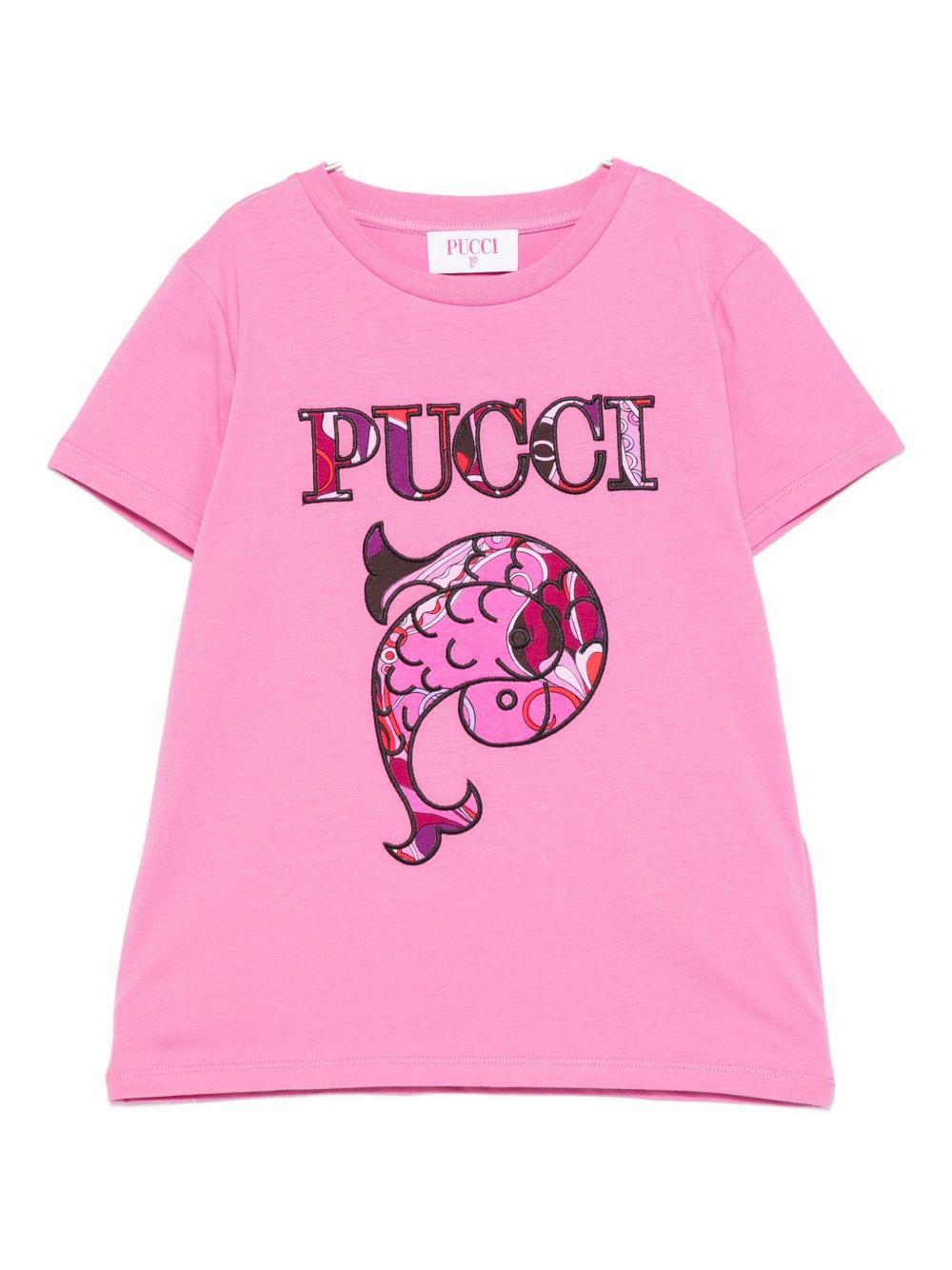 T-shirt per bambina Emilio Pucci Junior rosa con logo sul davanti - Rubino Kids