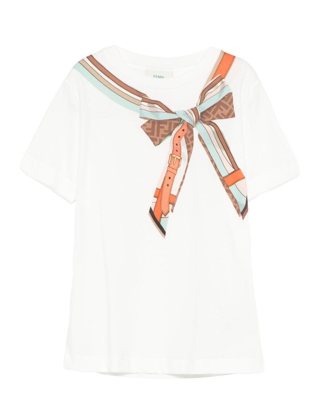 T-shirt per bambina Fendi Kids bianca con dettaglio fiocco stampato - Rubino Kids