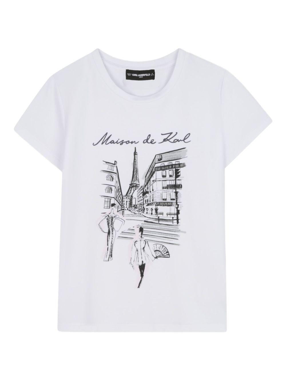 T-shirt per bambina Karl Lagerfeld Kids bianca con stampa Maison de Karl - Rubino Kids