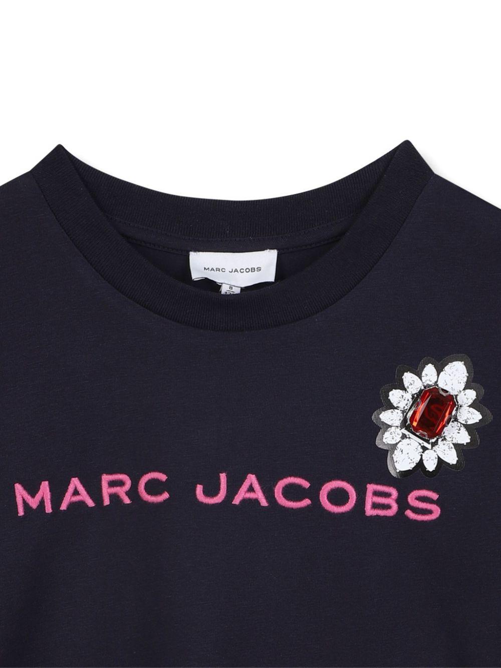 T-shirt per bambina Marc Jacobs Kids blu con ricamo a fiori e scritta con logo - Rubino Kids