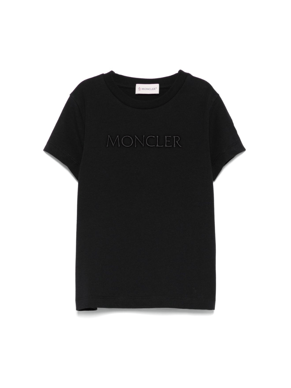 T-shirt per bambina Moncler Enfant nera con logo in rilievo e toppa sulla manica - Rubino Kids
