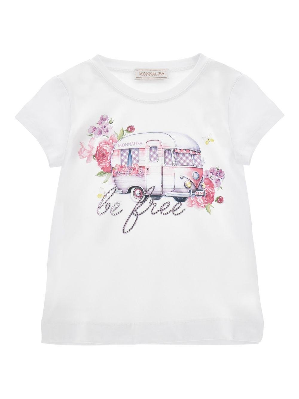 T-shirt per bambina Monnalisa bianca con grafica e decorazioni in strass - Rubino Kids