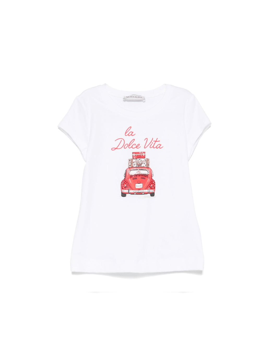 T-shirt per bambina Monnalisa bianco con stampa grafica e decorazione strass - Rubino Kids