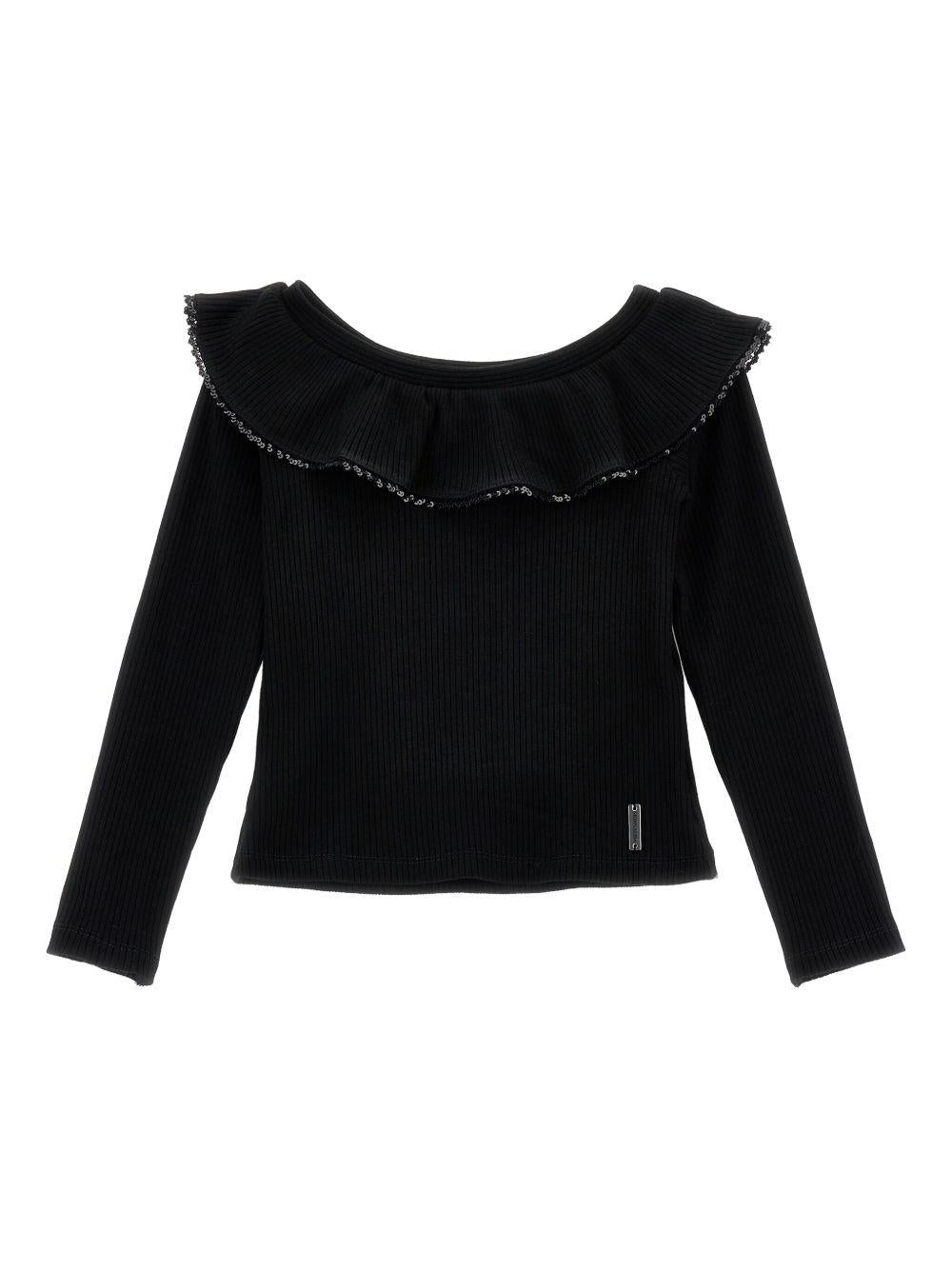 T-shirt per bambina Monnalisa nera con colletto con increspature - Rubino Kids