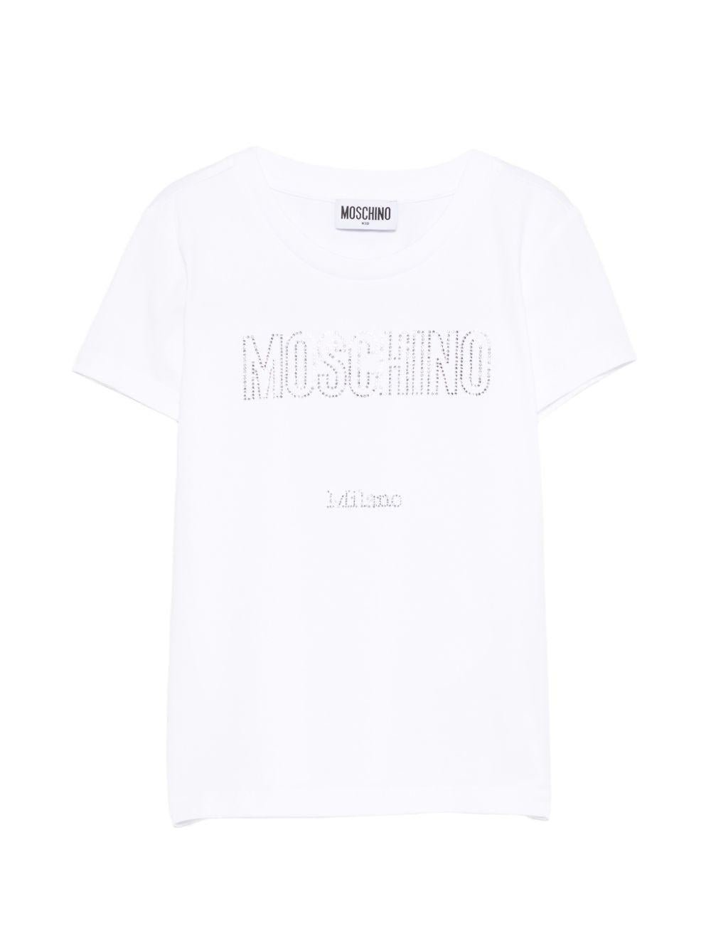 T-shirt per bambina Moschino Kids bianca con logo con strass - Rubino Kids