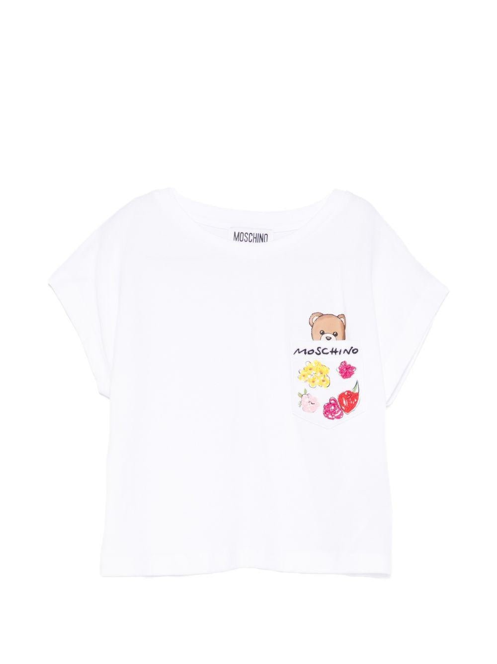 T-shirt per bambina Moschino Kids bianca con stampa Teddy Bear - Rubino Kids