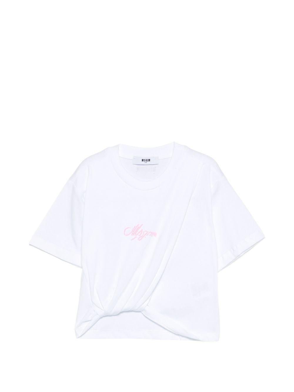 T-shirt per bambina MSGM Kids bianca con dettaglio nodo - Rubino Kids