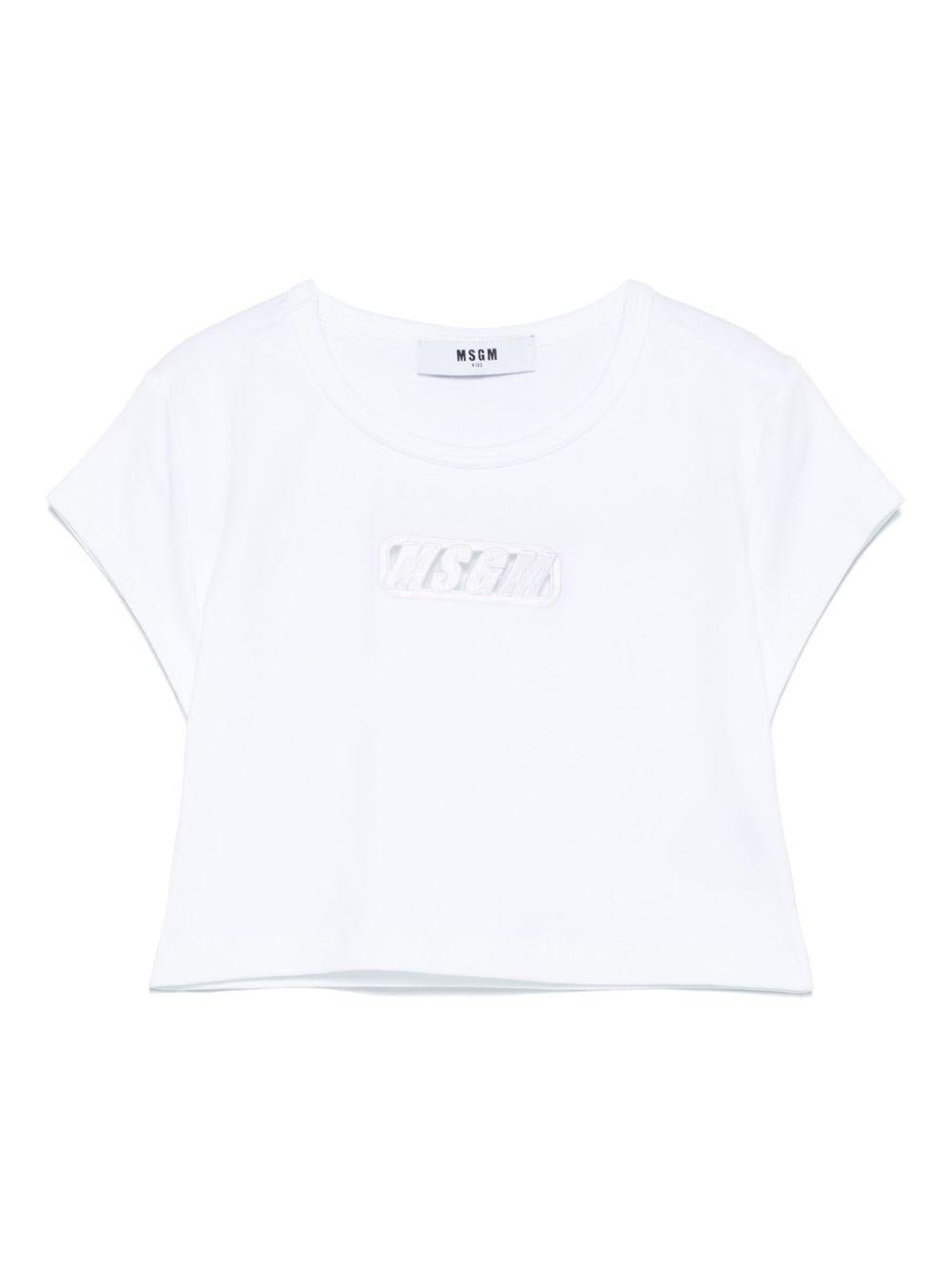 T-shirt per bambina MSGM Kids bianco in jersey elasticizzato con ricamo con logo frontale - Rubino Kids