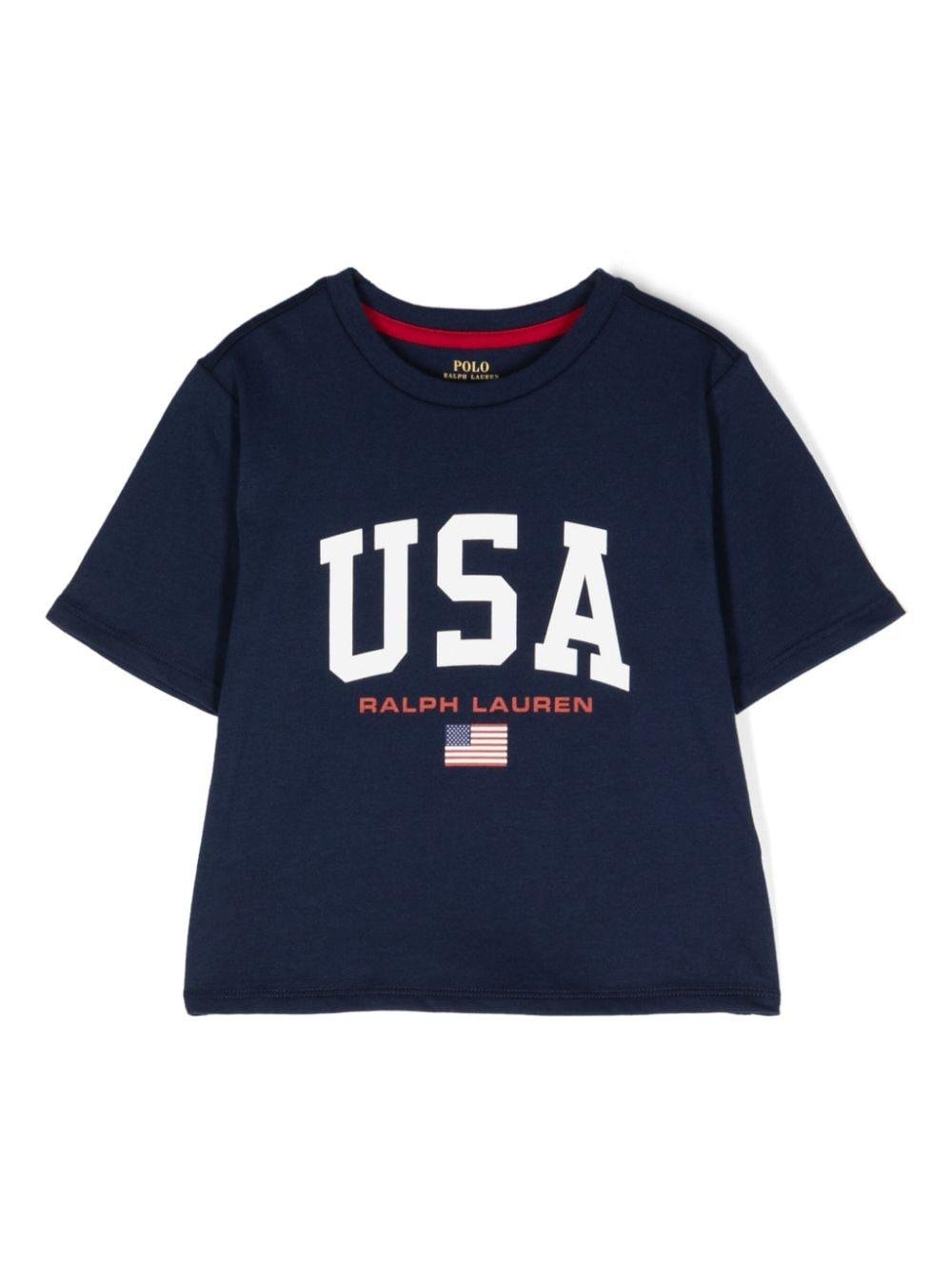 T-shirt per bambina Ralph Lauren Kids blu in cotone con stampa logo - Rubino Kids