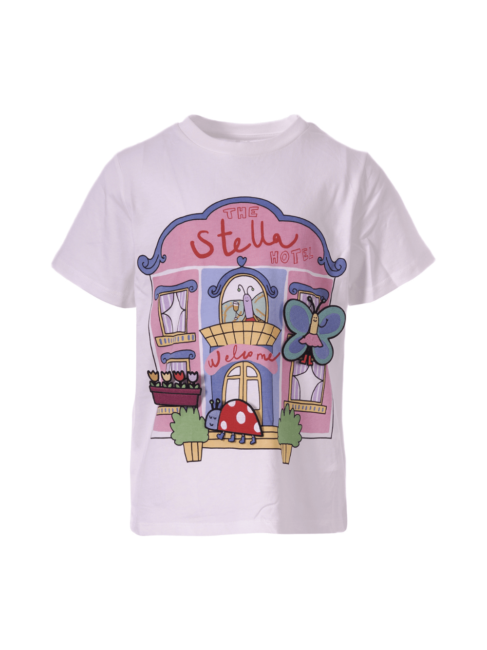 T-shirt per bambina Stella McCartney Kids bianca con scritta "The Stella Hotel" - Rubino Kids