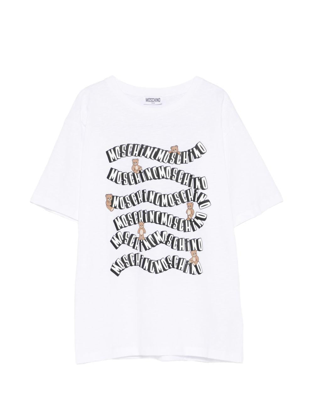 T-shirt per bambini Moschino Kids bianca con stampa grafica sul davanti - Rubino Kids