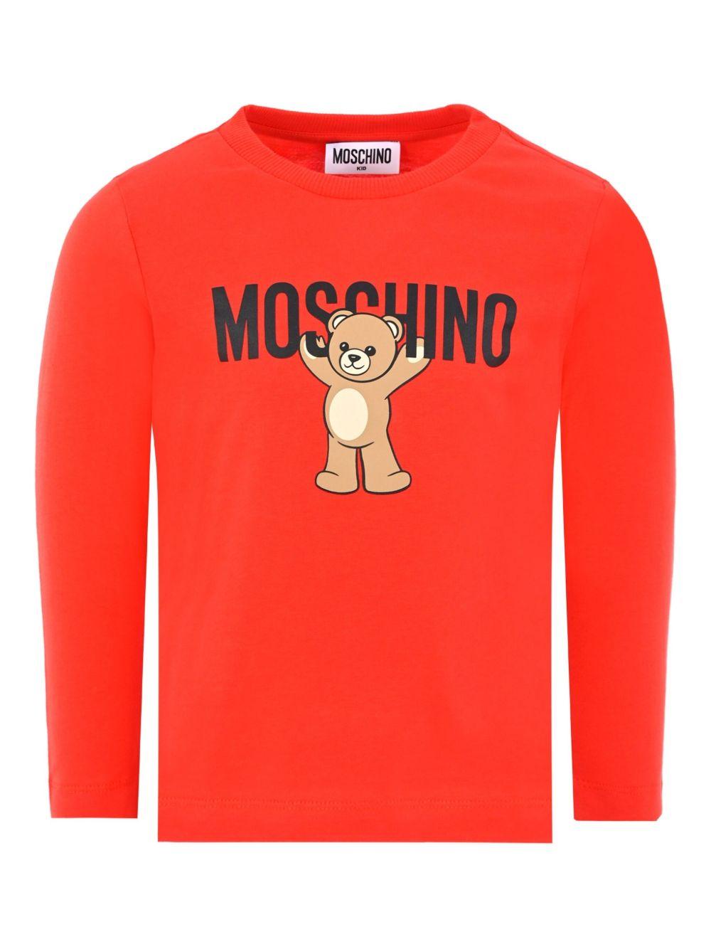 T-shirt per bambini Moschino Kids rosso a maniche lunghe con stampa Teddy Bear - Rubino Kids