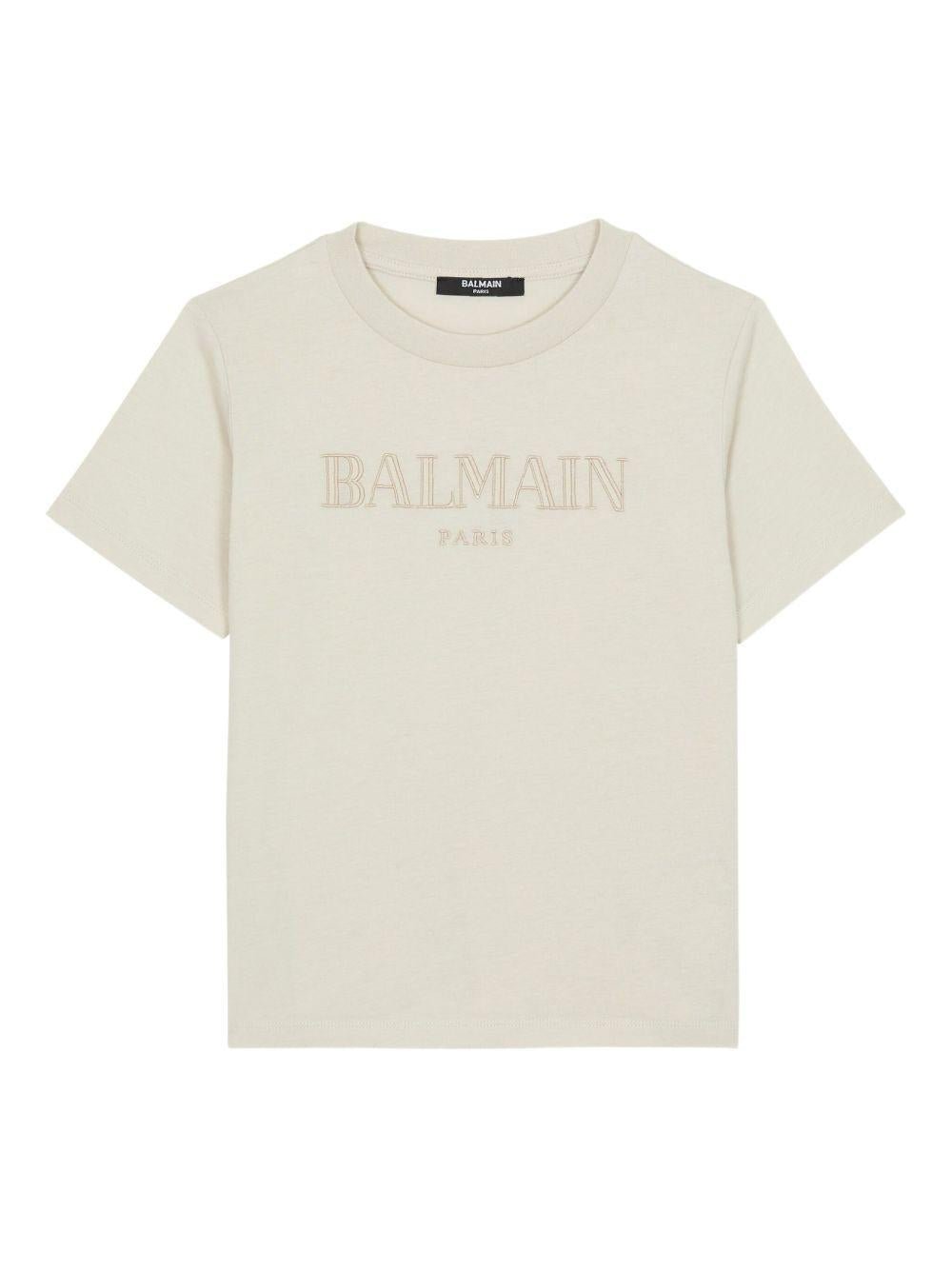 T-shirt per bambino Balmain Kids beige con stampa con logo sul davanti - Rubino Kids