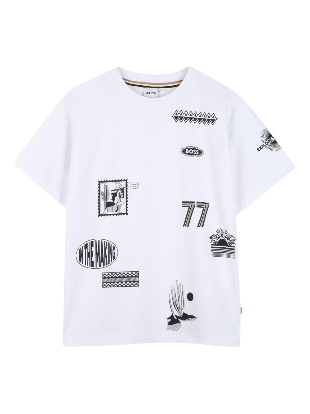 T-shirt per bambino Boss Kids bianca con stampa grafica - Rubino Kids