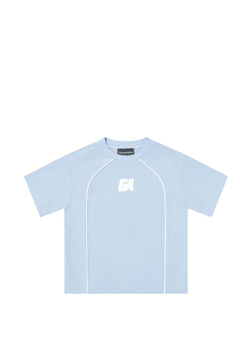 T-shirt per bambino Emporio Armani Kids azzurra con toppa con logo sul davanti - Rubino Kids