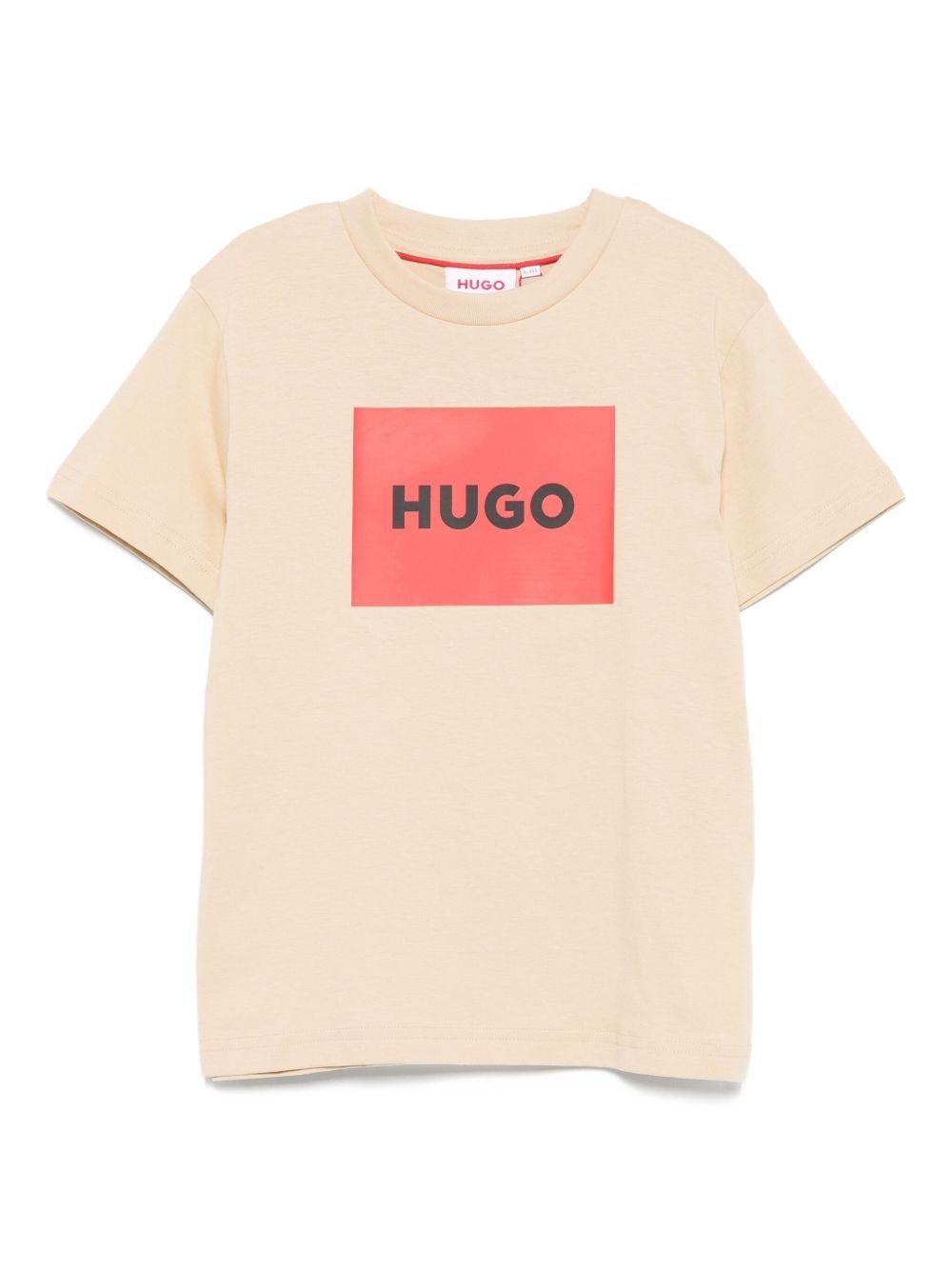 T-shirt per bambino Hugo Kids beige con logo sul davanti - Rubino Kids