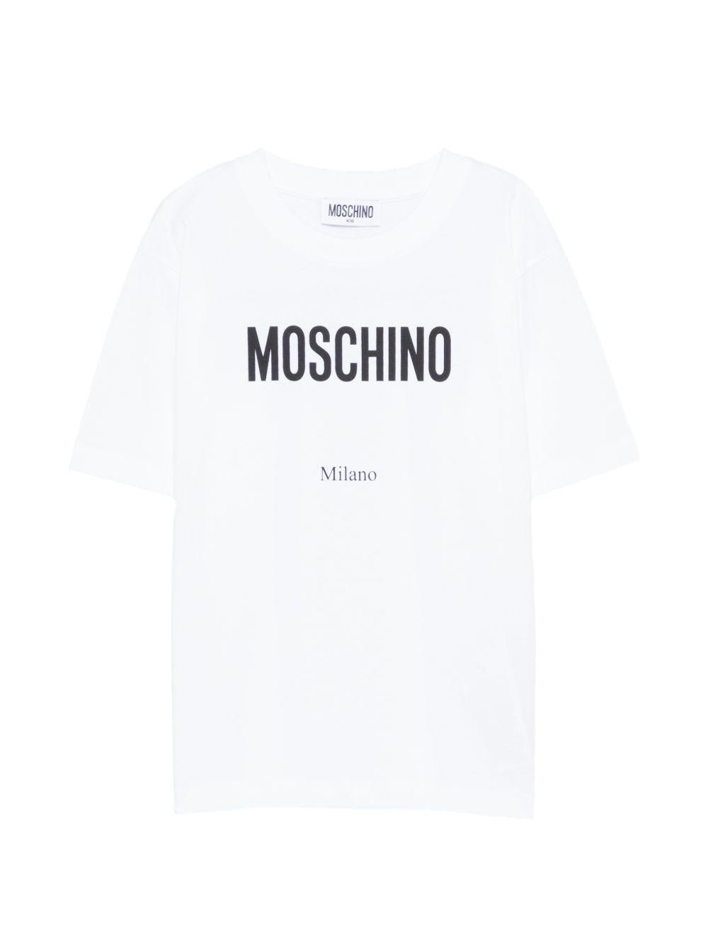 T-shirt per bambino Moschino Kids bianca con stampa logo - Rubino Kids
