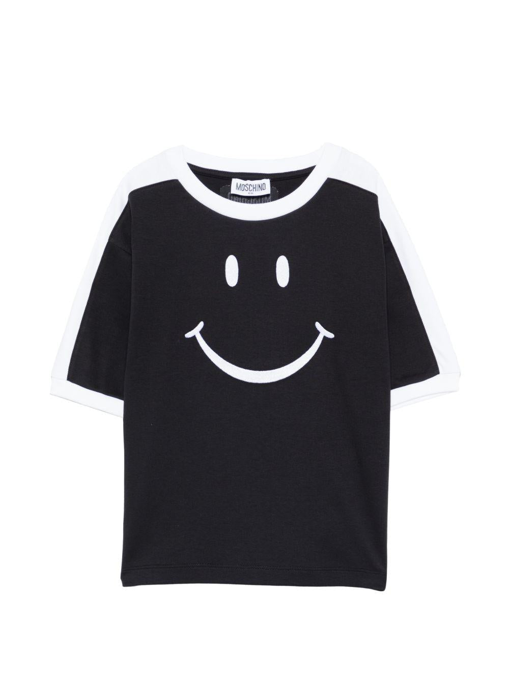 T-shirt per bambino Moschino Kids nera con stampa smile sul davanti - Rubino Kids