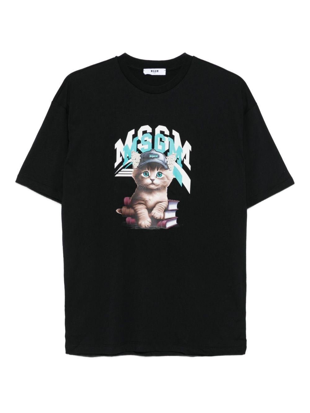 T-shirt per bambino MSGM Kids nera con stampa gatto - Rubino Kids