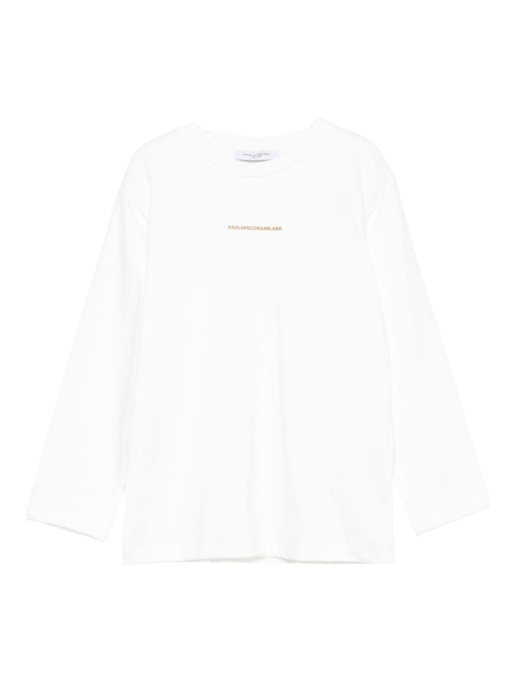 T-shirt per bambino Paolo Pecora Kids bianco a maniche lunghe con stampa - Rubino Kids