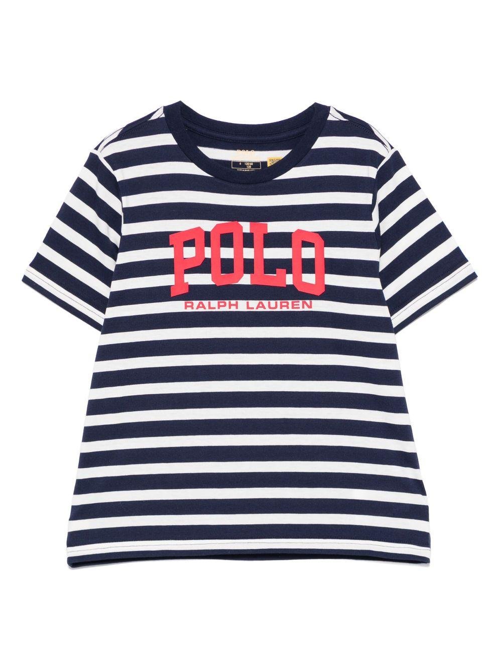 T-shirt per bambino Polo Ralph Lauren Kids blu a righe con stampa con logo frontale - Rubino Kids