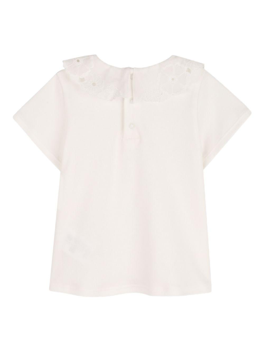 T-shirt per neonata Chloé Kids bianca con colletto alla Peter Pan in pizzo - Rubino Kids