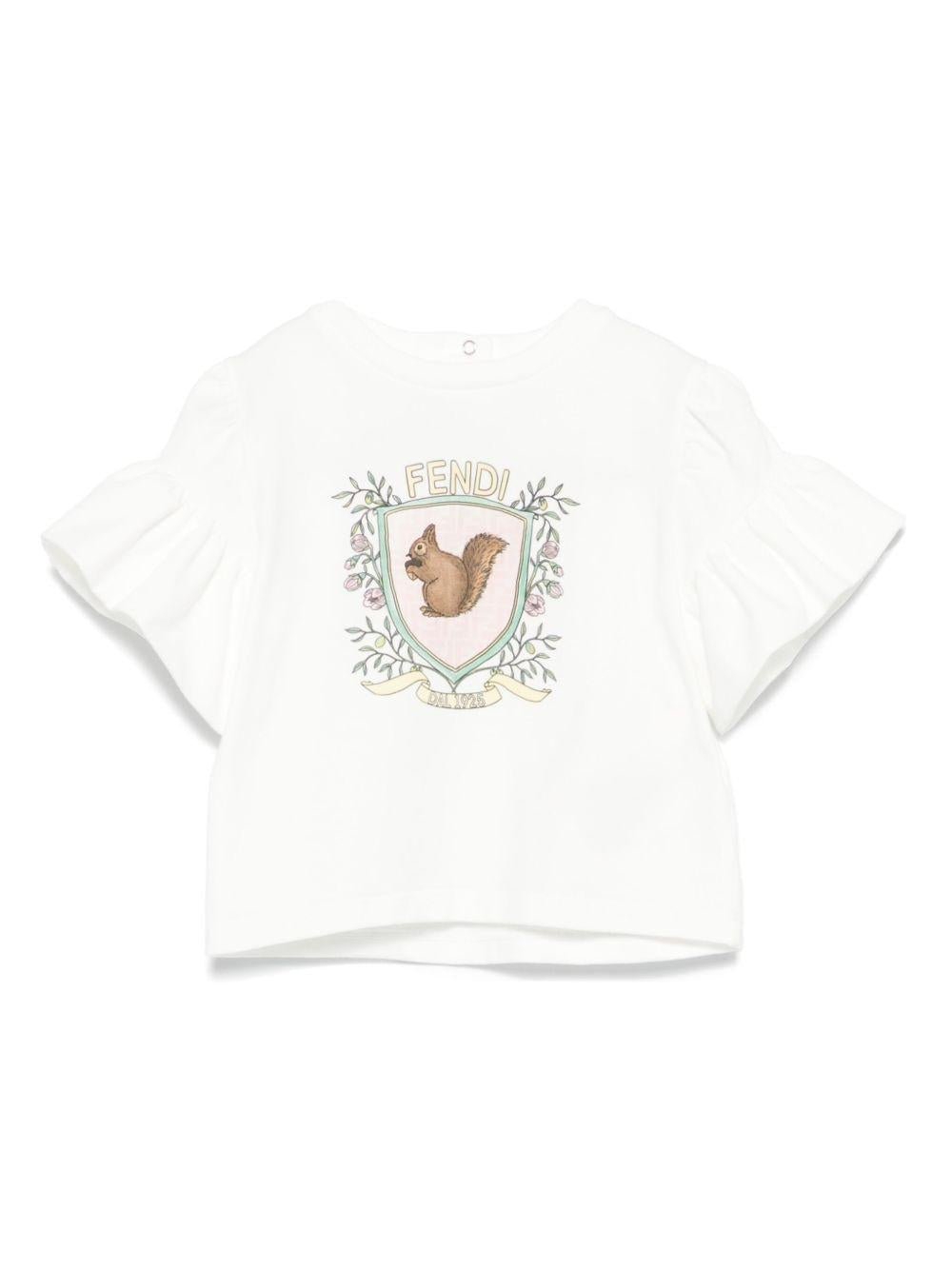 T-shirt per neonata Fendi Kids bianco con stampa sul davanti e maniche con ruches - Rubino Kids