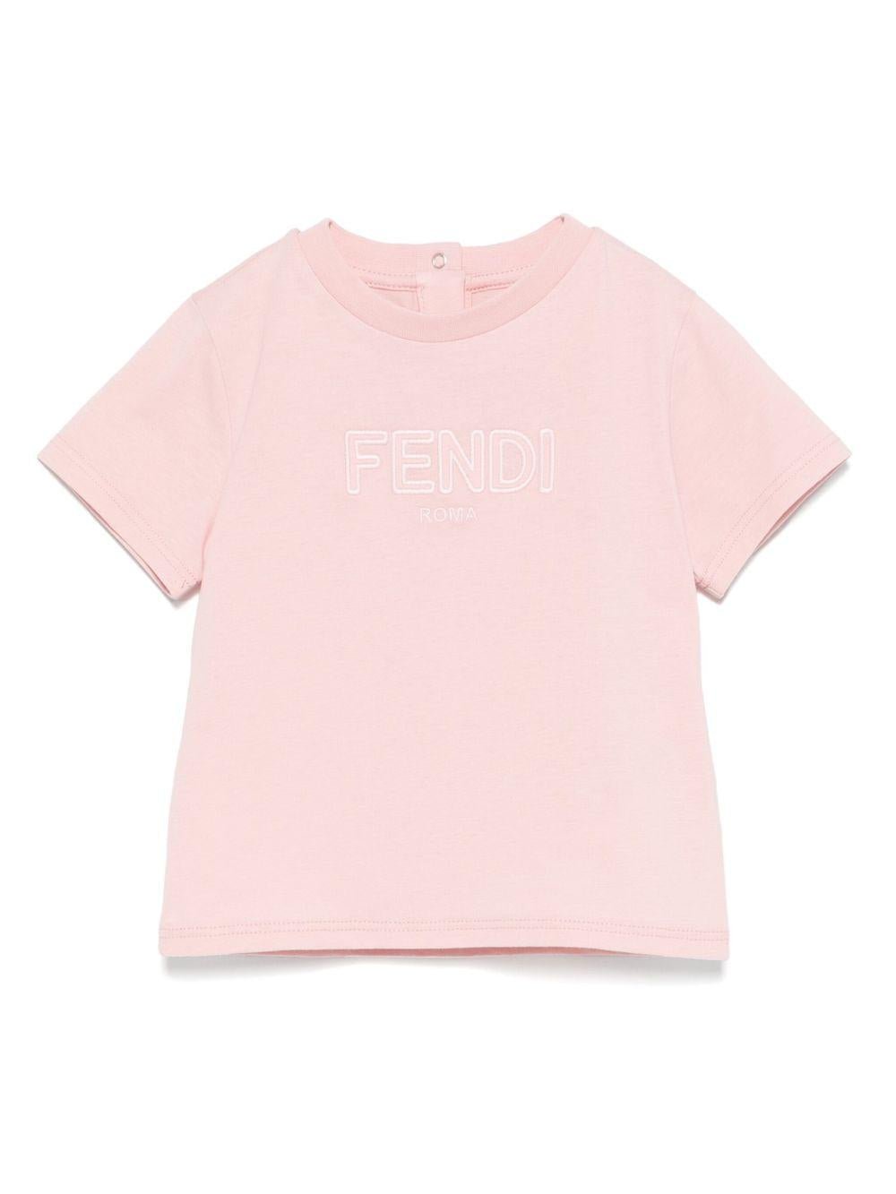 T-shirt per neonata Fendi Kids rosa con ricamo logo sul davanti - Rubino Kids