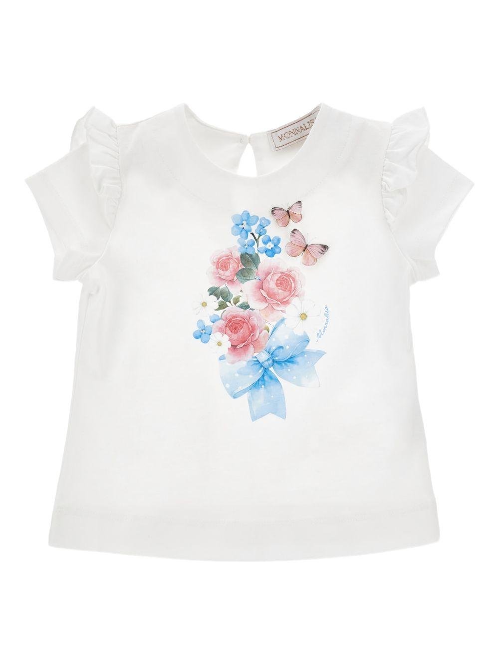 T-shirt per neonata Monnalisa bianca con stampa fiori sul davanti - Rubino Kids
