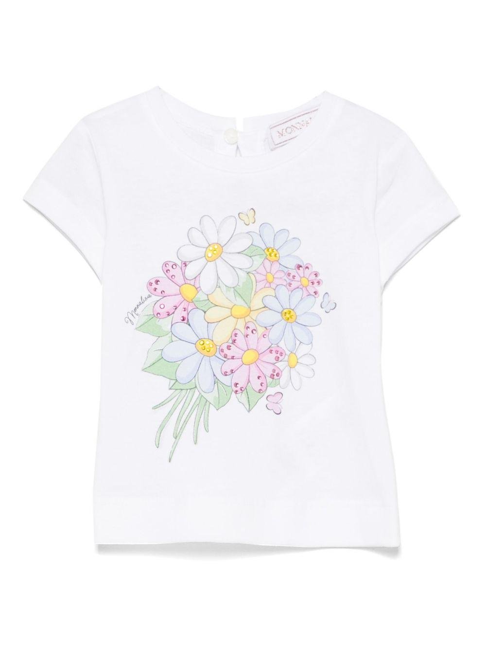 T-shirt per neonata Monnalisa bianco in jersey con stampa bouquet - Rubino Kids