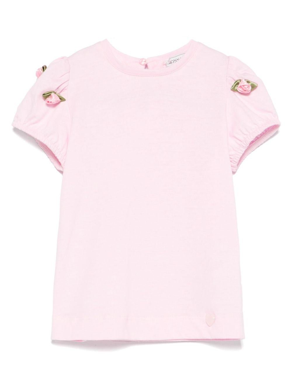 T-shirt per neonata Monnalisa rosa con applicazione a fiori - Rubino Kids
