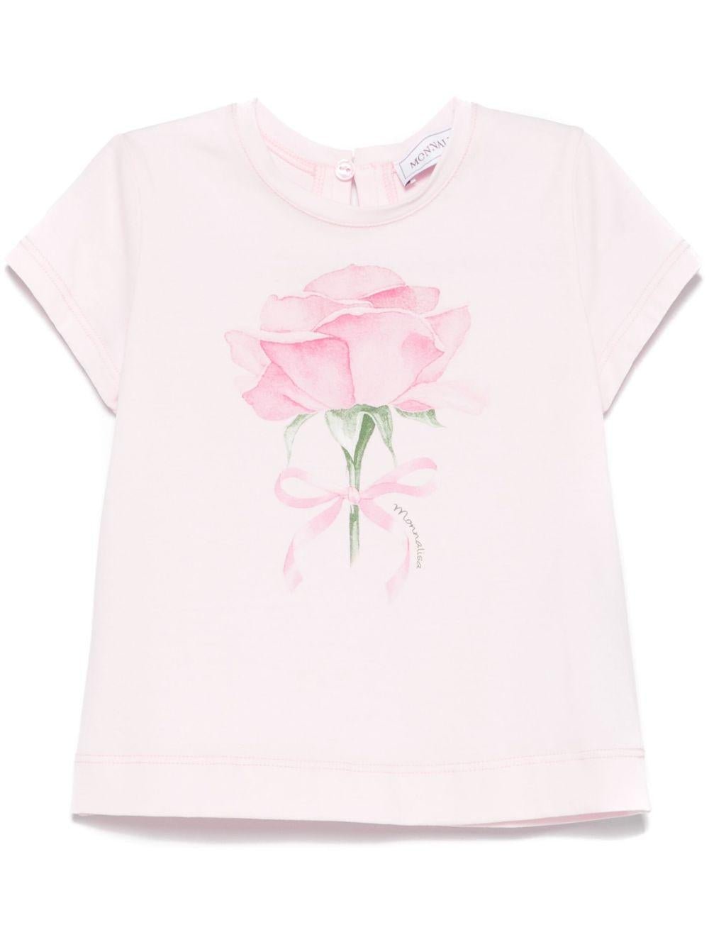 T-shirt per neonata Monnalisa rosa con stampa con rose sul davanti - Rubino Kids