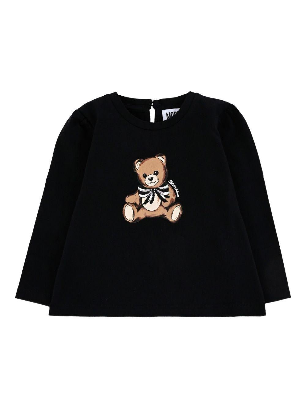 T-shirt per neonata Moschino Kids nero a maniche lunghe con stampa Teddy Bear - Rubino Kids