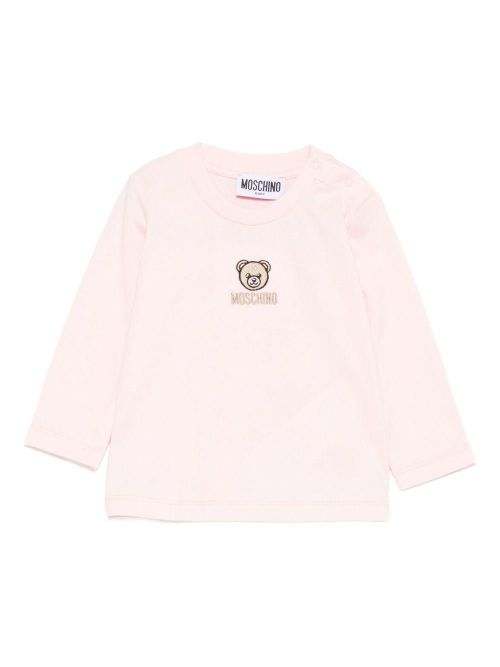 T-shirt per neonata Moschino Kids rosa con orsetto ricamato - Rubino Kids