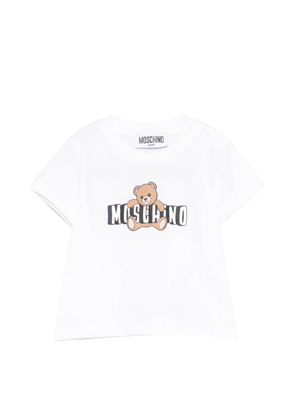 T-shirt per neonati Moschino Kids bianca con logo sul davanti - Rubino Kids