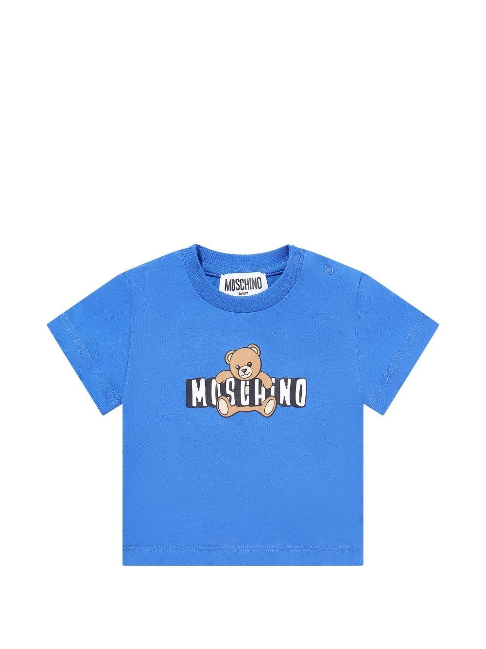T-shirt per neonati Moschino Kids blu con logo sul davanti - Rubino Kids