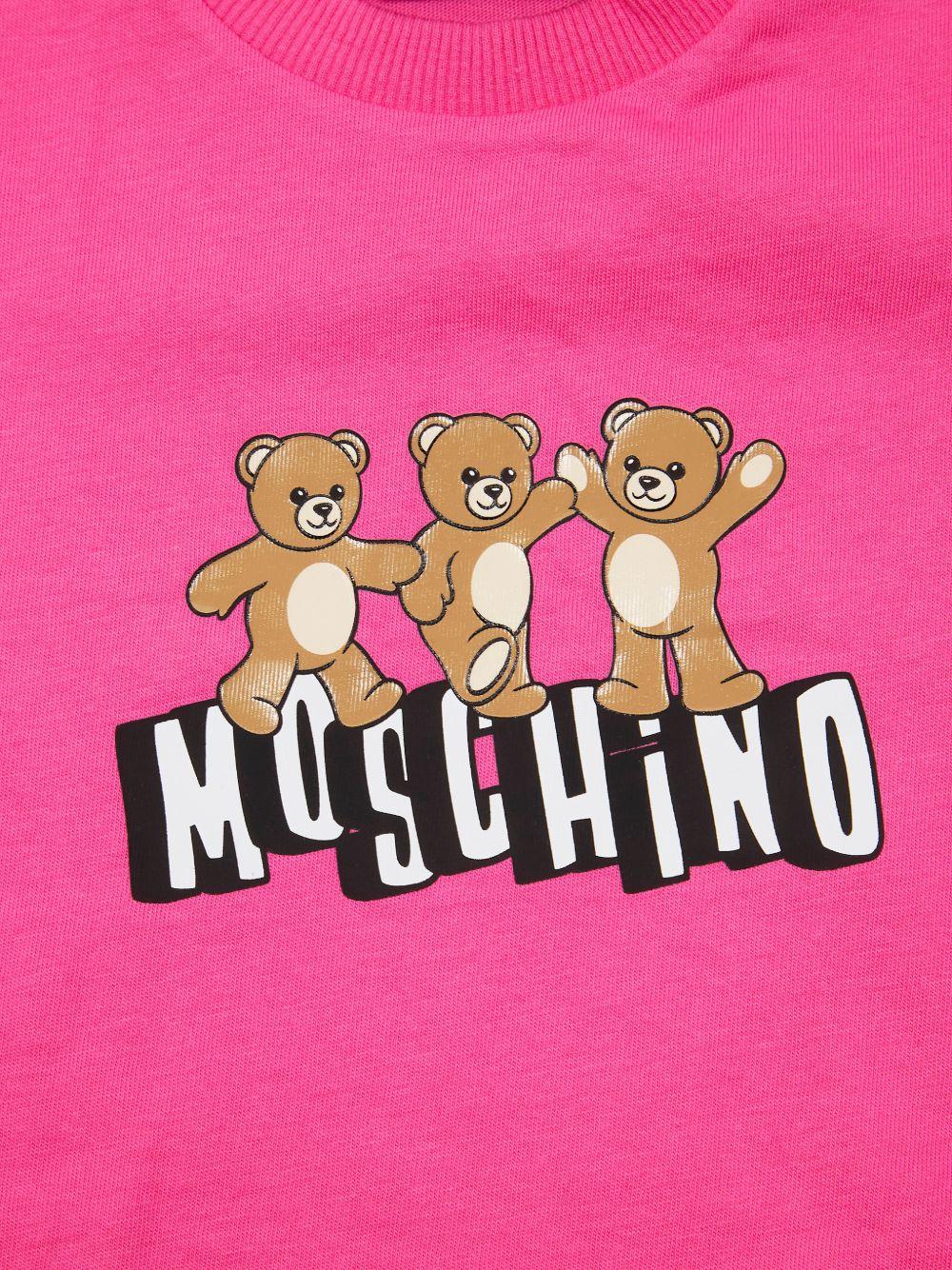 T-shirt per neonati Moschino Kids fucsia con stampa tre Teddy Bear sul davanti - Rubino Kids