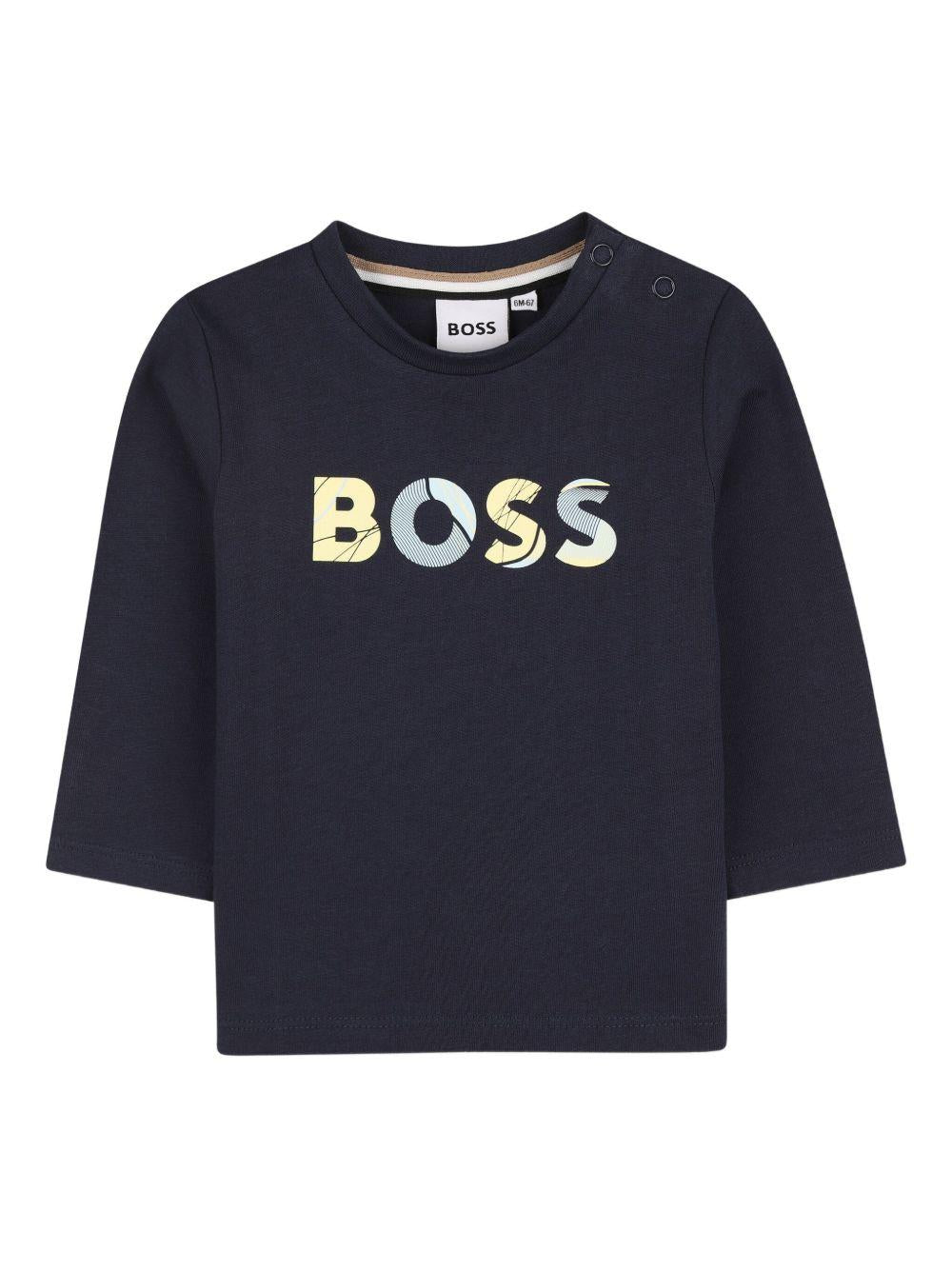 T-shirt per neonato Boss Kids blu con stampa logo sul davanti - Rubino Kids