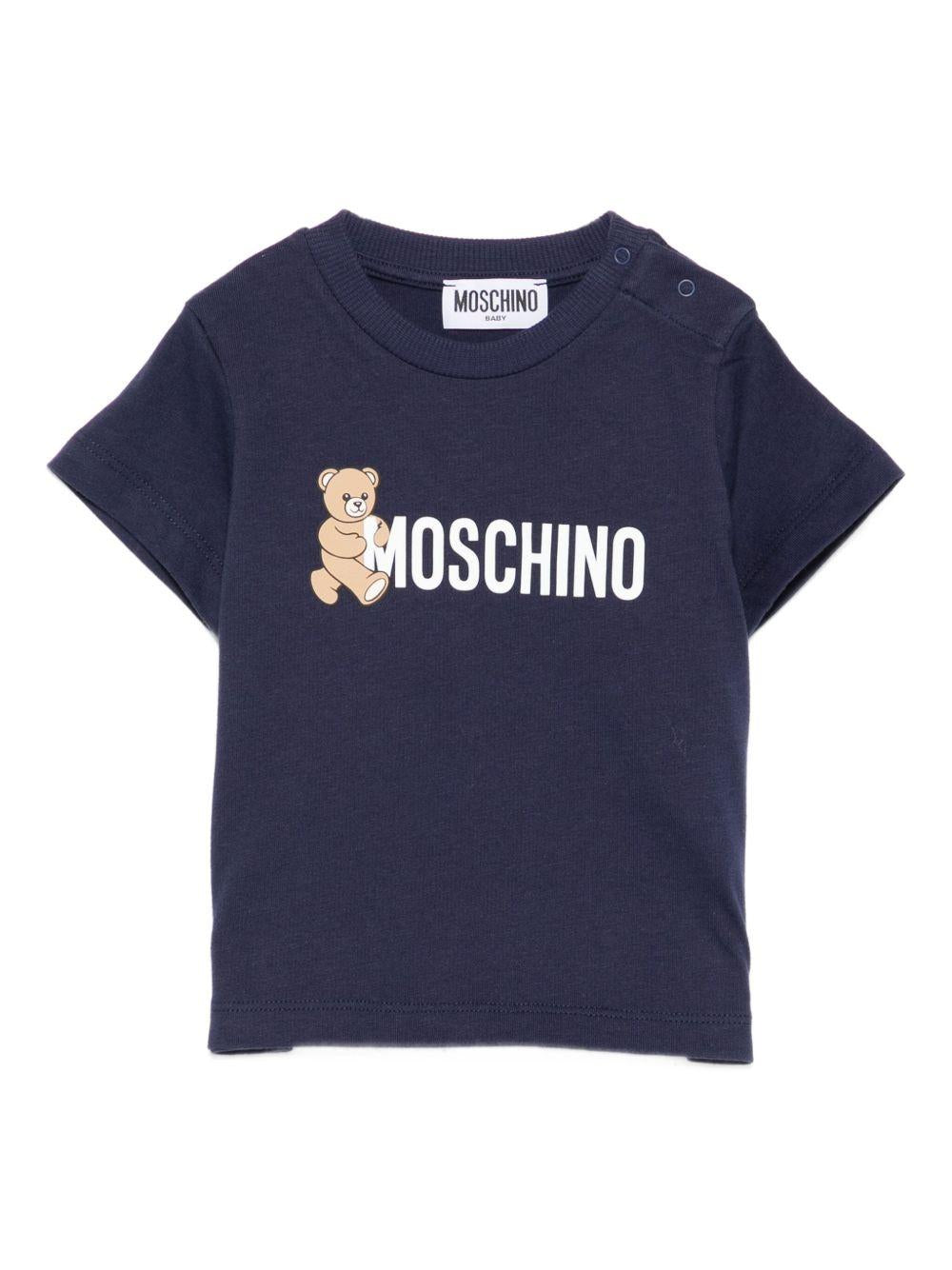 T-shirt per neonato Moschino Kids blu con stampa logo - Rubino Kids