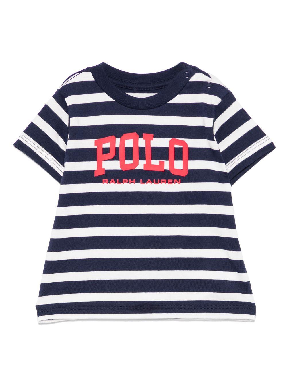 T-shirt per neonato Polo Ralph Lauren Kids blu a righe con stampa logo sul davanti - Rubino Kids