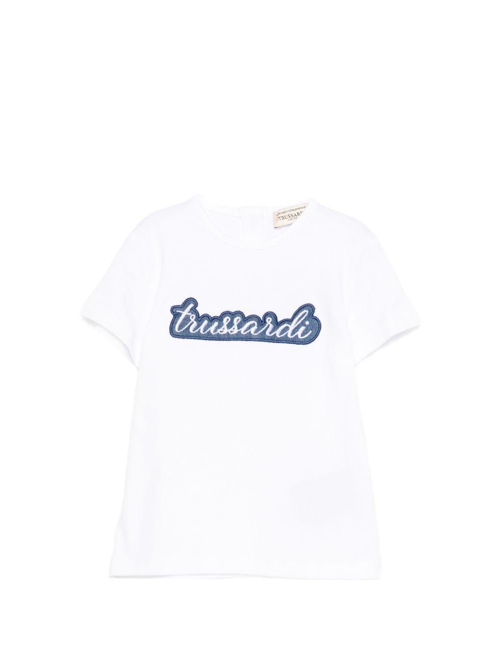 T-shirt per neonato Trussardi Junior bianca con logo blu sul davanti - Rubino Kids