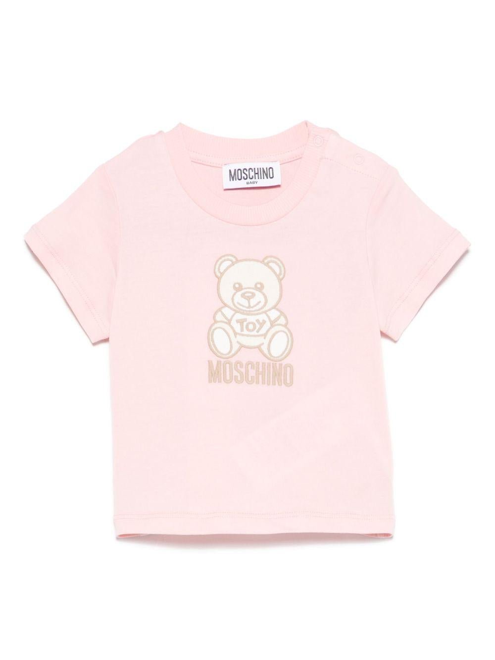 T-shirt Teddy Bear per neonata Moschino Kids rosa con ricamo frontale - Rubino Kids