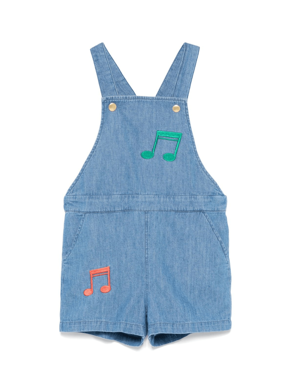 Tuta corta per bambina in denim con ricamo e due tasche diagonali laterali - Rubino Kids