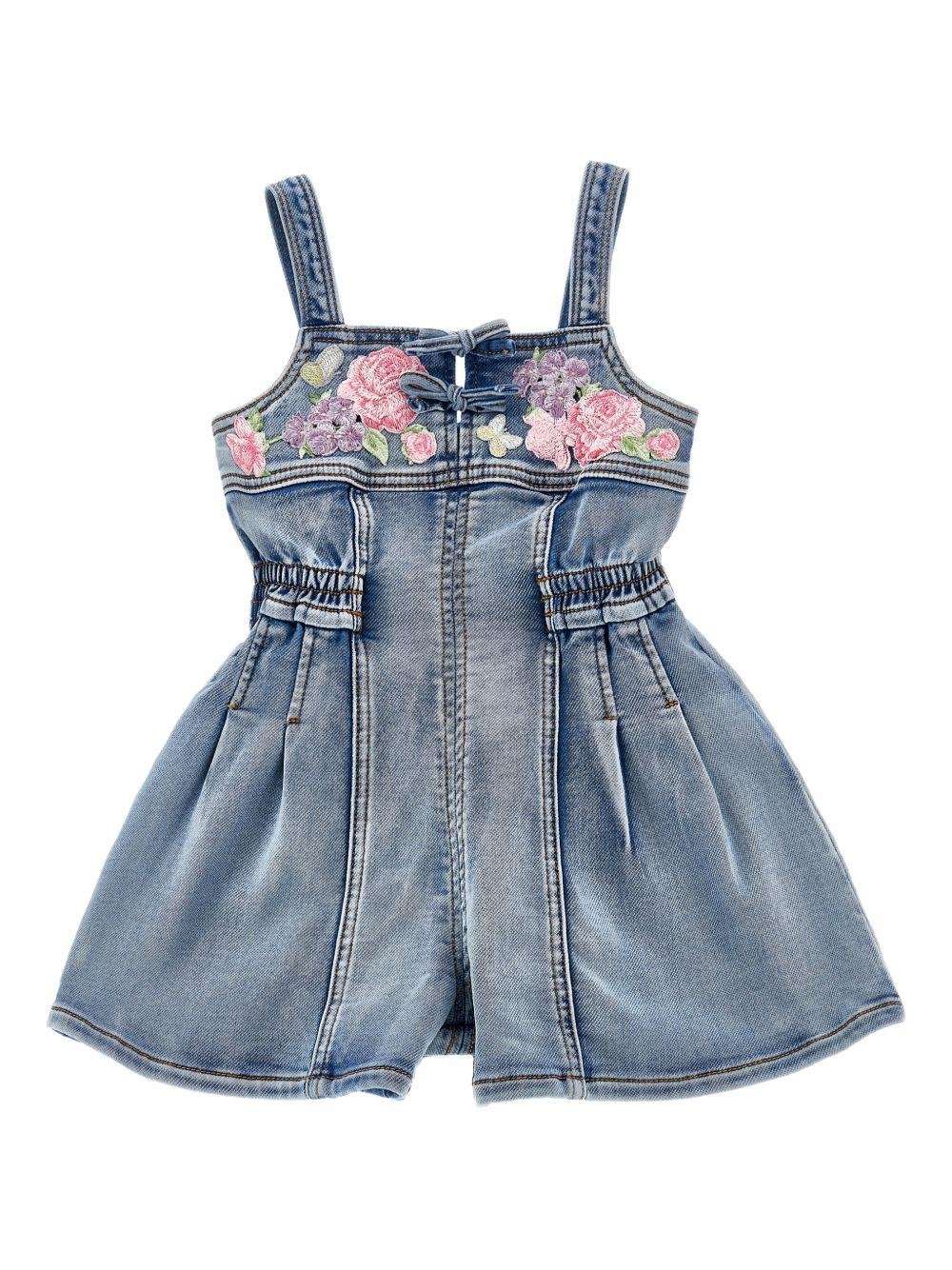 Tuta corta per bambina Monnalisa in denim con ricamo floreale - Rubino Kids