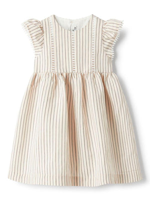 Abito a righe per neonata Il Gufo beige con dettagli plissettati