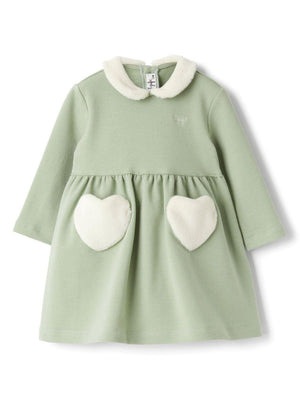 Baby girl's dress with applique: The green owl with heart motif