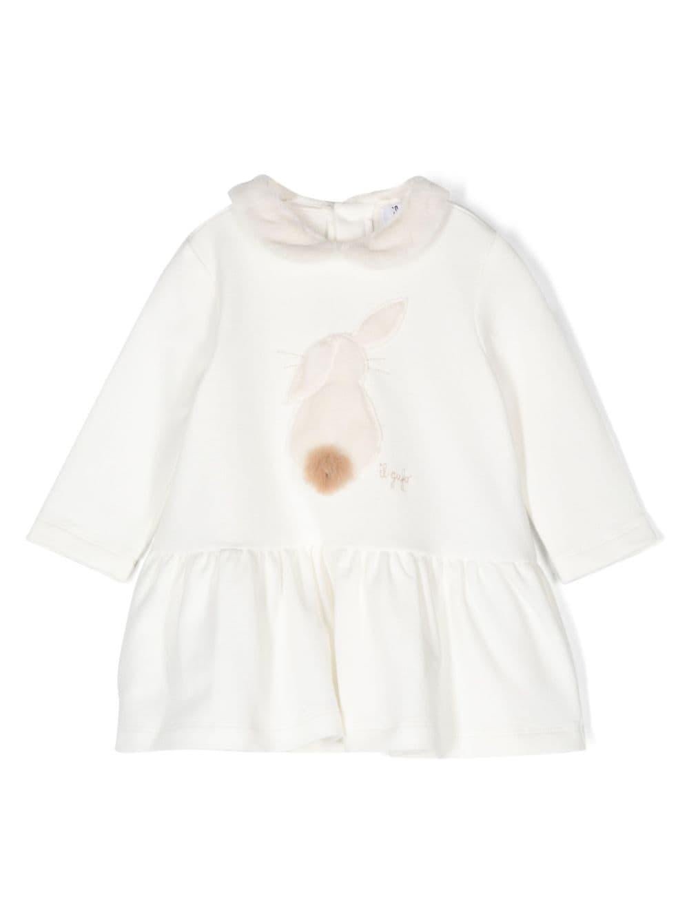 Abito con logo ricamato per bambina Il Gufo bianco con applicazione di coniglio - Rubino Kids
