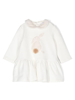 White Il Gufo embroidered logo dress for girls with rabbit applique