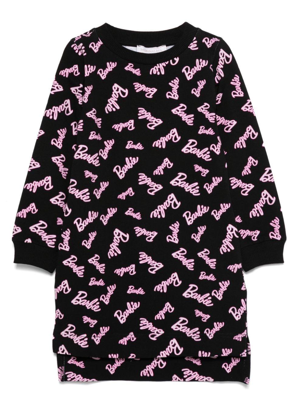 Abito con stampa logo Barbie per bambina Monnalisa nero con orlo asimmetricoa - Rubino Kids