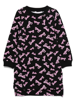 Monnalisa Barbie Logo Print Dress for Girls in Black with Asymmetrical Hem